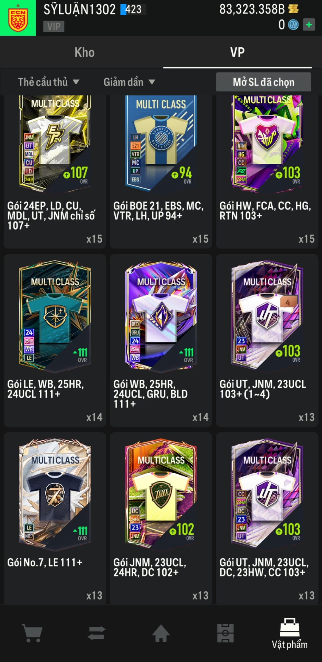 Ảnh ACC mở thẻ (LOẠI SVIP PROMAX) bao gồm có 01 thẻ +12, 03 thẻ PRIME (QH+, CP+, XS+) và hơn 1600+ đến 3500+ thẻ cầu thủ từ Siêu sao đến Miền núi các loại. Acc có sẵn BP trắng từ 55.000 tỷ BP đến 90.000 tỷ BP